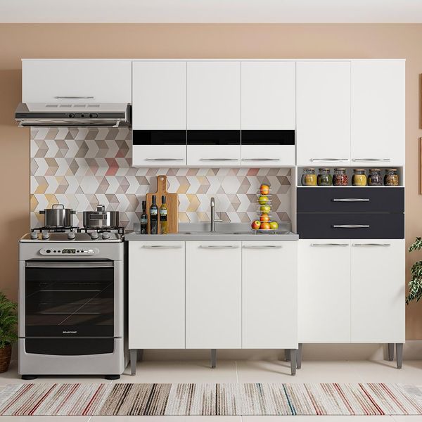 Cozinha Bartira Safira Plus com 11 Portas, 5 Prateleiras, 2 Gavetas e Pia Inox com Válvula Branco com Preto