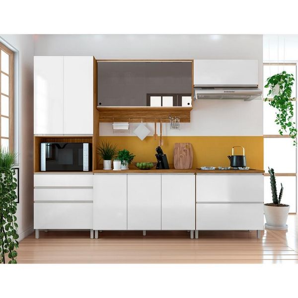 Cozinha Completa Bartira Amazonita 9 Portas 4 Gavetas 7 Prateleiras Branco com Damasco