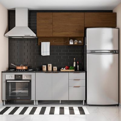 Cozinha Completa Bartira Rubi 5 Portas 3 Gavetas 3 Prateleiras Grapia com Platinum