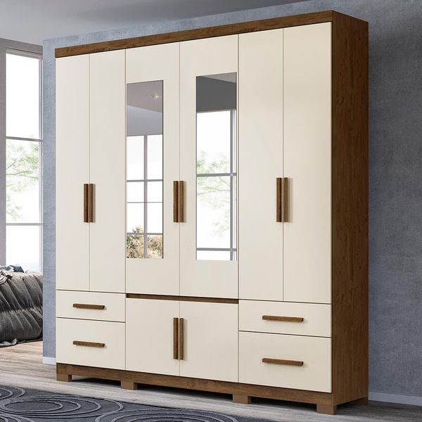 Guarda-Roupa Porto Plus com Espelho 8 Portas e 4 Gavetas Moval Castanho Wood e Baunilha Guarda-Roupa Porto Plus com Espelho 8 Portas e 4 Gavetas Moval Castanho Wood e Baunilha