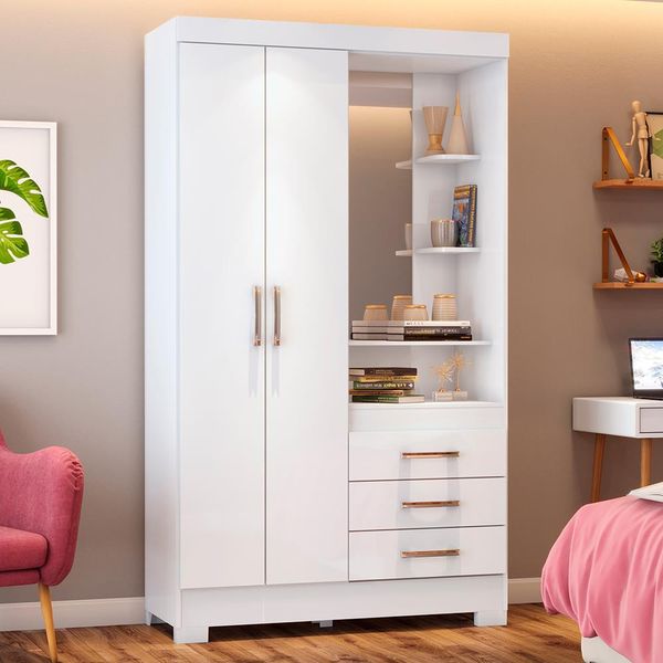 Guarda-Roupa Henn Blosson Flex com 2 Portas 3 Gavetas e 3 Prateleiras Branco com Rosa Chá Guarda-Roupa Henn Blosson Flex com 2 Portas 3 Gavetas e 3 Prateleiras Branco com Rosa Chá