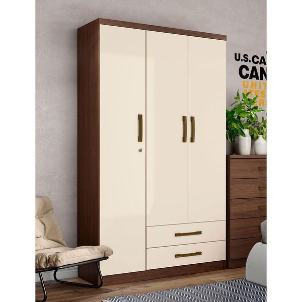 Guarda-Roupa Henn Açaí com 3 Portas, 2 Gavetas, 6 Prateleiras, Cabideiro e Maleiro Castanho com Off White Guarda-Roupa Henn Açaí com 3 Portas, 2 Gavetas, 6 Prateleiras, Cabideiro e Maleiro Castanho com Off White