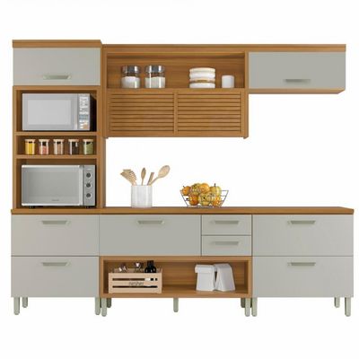 Cozinha Completa em MDF Nesher Princesa com 6 Portas 4 Gavetas e 12 Prateleiras Freijo e Off White