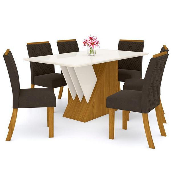Mesa de Jantar Henn Vicensa com 6 Cadeiras Attuale Nature, Off White e Marrom