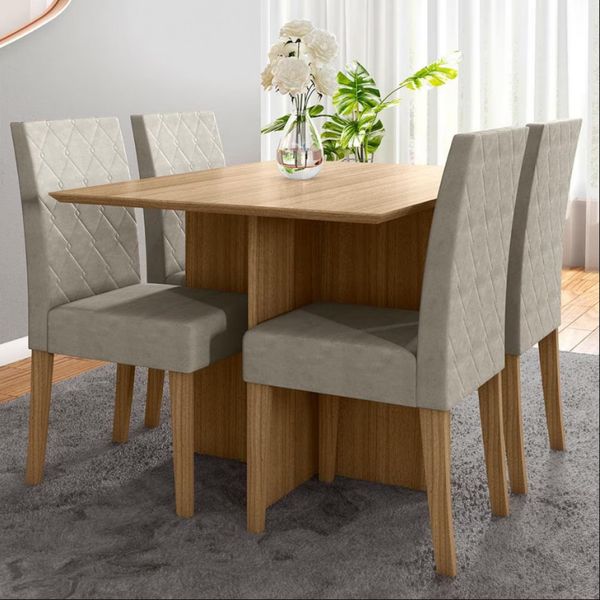 Mesa de Jantar Helo com 4 Cadeiras Revestidas em Tecido Suede Poliman Moveis Carvalho com Bege