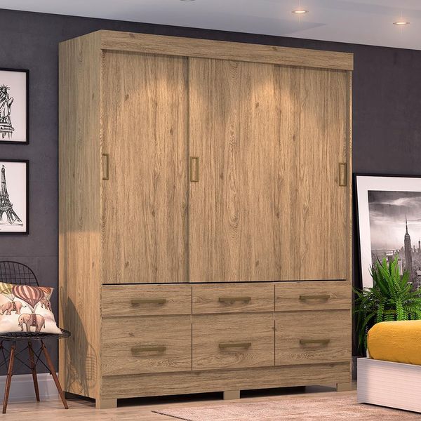 Guarda-Roupa Henn Zander Flex com 3 Portas 6 Gavetas e 2 Prateleiras Rústico com Off White Guarda-Roupa Henn Zander Flex com 3 Portas 6 Gavetas e 2 Prateleiras Rústico com Off White