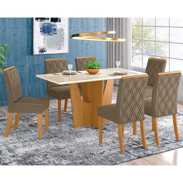 Mesa de Jantar Henn Marjori com 6 Cadeiras Attuale Nature em Suede Nature, Off White e Bege