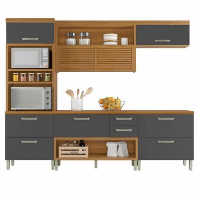 Cozinha Completa em MDF Nesher Princesa com 6 Portas 4 Gavetas e 12 Prateleiras Freijo e Grafite