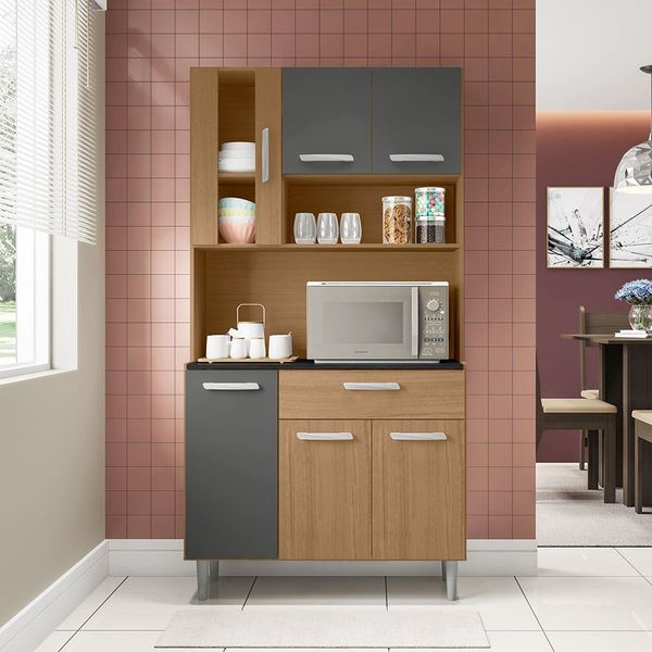 Cozinha Compacta Poliman Carol com 6 Portas, 1 Gaveta e 1 Prateleira 91cm de largura Carvalho com Grafite