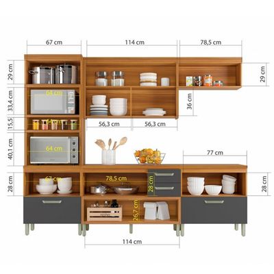 Cozinha Completa em MDF Nesher Princesa com 6 Portas 4 Gavetas e 12 Prateleiras Freijo e Grafite