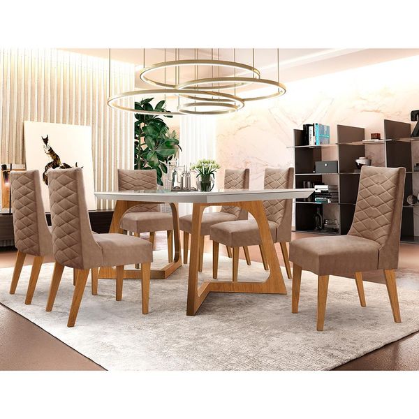 Mesa de Jantar Rufato Dafne com 6 Cadeiras Imbuia, Off White com Bege