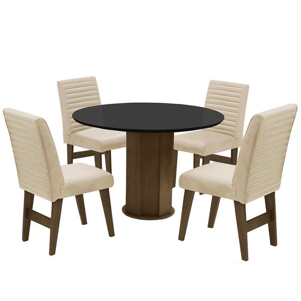 Mesa de Jantar com 4 Cadeiras Dobuê Turim Assento em Bordado Castanho, Preto e Bege