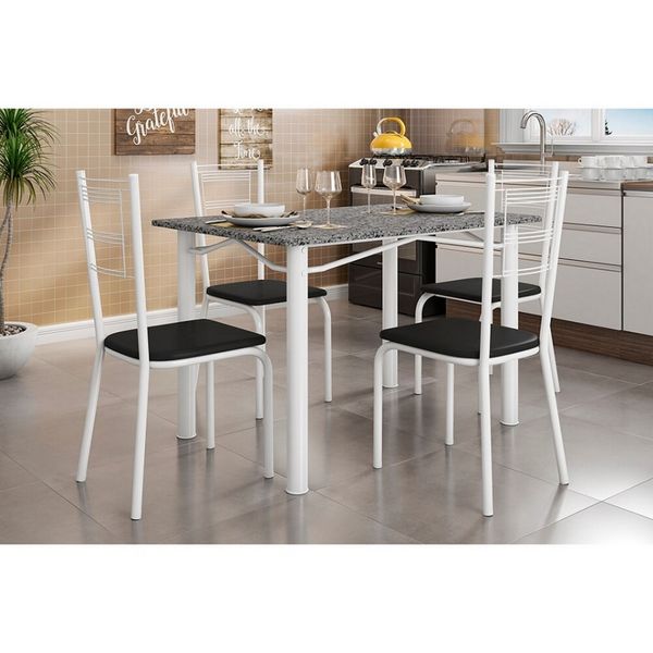 Mesa com 4 Cadeiras Fabone Cuiabá New com Assento em Espuma Branco com Preto