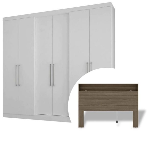 Guarda-Roupa Bartira Napoli II e Cabeceira Casal Versatti com Tomada Branco com Castanho Guarda-Roupa Bartira Napoli II e Cabeceira Casal Versatti com Tomada Branco com Castanho