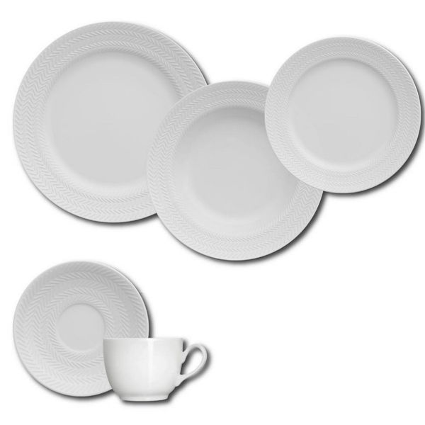Aparelho de Jantar, Chá e Sobremesa 30 Peças Germer Chevron em Porcelana Branco Aparelho de Jantar, Chá e Sobremesa 30 Peças Germer Chevron em Porcelana Branco