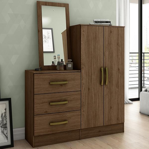 Cômoda Multiuso Henn Dimas com Espelho, 2 Portas e 3 Gavetas Castanho Cômoda Multiuso Henn Dimas com Espelho, 2 Portas e 3 Gavetas Castanho