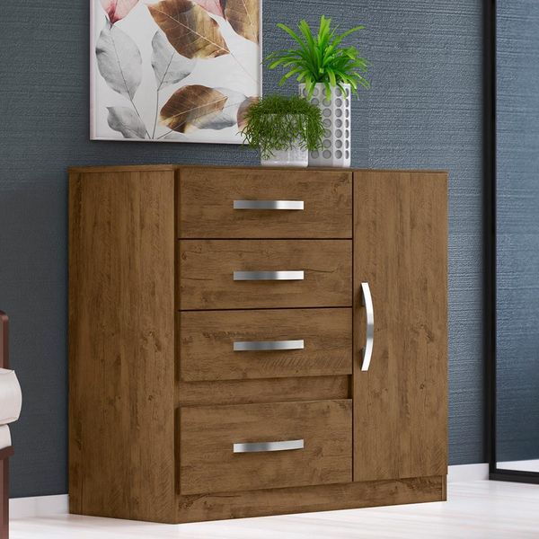 Cômoda Vênus Flex com 4 Gavetas e 1 Porta Moval Castanho Wood Cômoda Vênus Flex com 4 Gavetas e 1 Porta Moval Castanho Wood