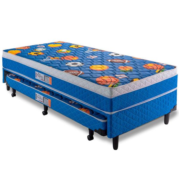 Cama Box Conjugada Aspen Ortopédica com Cama Auxiliar Espuma D28 e Revestimento em Poliéster Hellen Azul e Branco Cama Box Conjugada Aspen Ortopédica com Cama Auxiliar Espuma D28 e Revestimento em Poliéster Hellen Azul e Branco