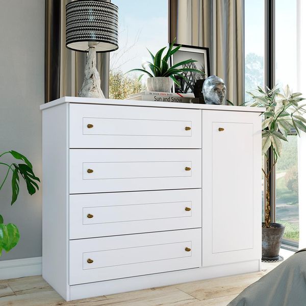 Cômoda Henn Provençal com 1 Porta 4 Gavetas e 2 Prateleiras Branco Cômoda Henn Provençal com 1 Porta 4 Gavetas e 2 Prateleiras Branco