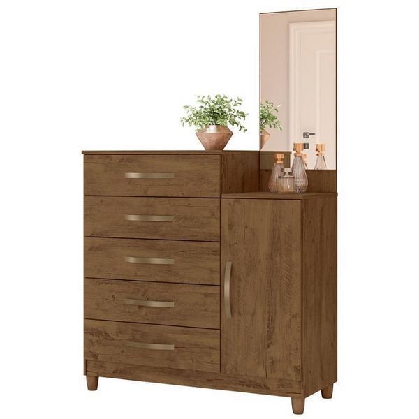 Cômoda Moval Lisboa 5 Gavetas 1 Porta e Espelho Castanho Wood Cômoda Moval Lisboa 5 Gavetas 1 Porta e Espelho Castanho Wood