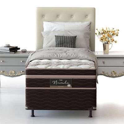 Cama Box Solteiro Nevada com Euro Pillow e Molas Ensacadas 64x88x188 cm Probel Bege com Marrom