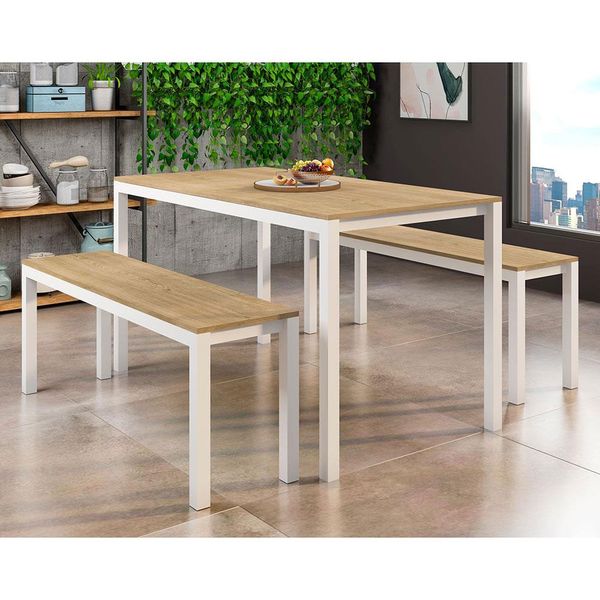 Mesa de Jantar Fabone Conceito 136 x 80cm com 2 Bancos Conceito 126 x 33cm Branco com Natura Mesa de Jantar Fabone Conceito 136 x 80cm com 2 Bancos Conceito 126 x 33cm Branco com Natura