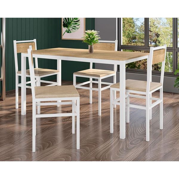 Mesa de Jantar Fabone Conceito 136 x 80cm com 4 Cadeiras com Assento em Courino Branco, Natura e Bege Mesa de Jantar Fabone Conceito 136 x 80cm com 4 Cadeiras com Assento em Courino Branco, Natura e Bege