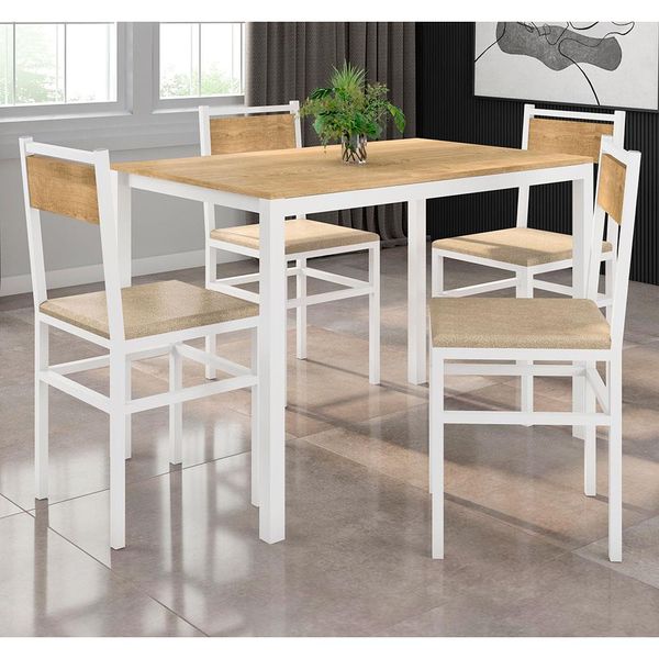 Mesa de Jantar Fabone Conceito 110 x 68cm com 4 Cadeiras com Assento em Courino Branco, Natura e Bege Mesa de Jantar Fabone Conceito 110 x 68cm com 4 Cadeiras com Assento em Courino Branco, Natura e Bege