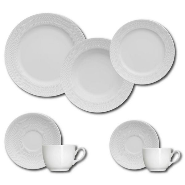 Aparelho de Jantar, Chá e Sobremesa 42 Peças Germer Chevron em Porcelana Branco Aparelho de Jantar, Chá e Sobremesa 42 Peças Germer Chevron em Porcelana Branco