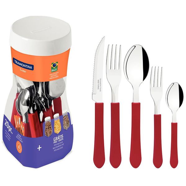 Faqueiro 20 Peças Tramontina Leme em Aço Inox e Polipropileno com Pote Multiuso Vermelho Faqueiro 20 Peças Tramontina Leme em Aço Inox e Polipropileno com Pote Multiuso Vermelho