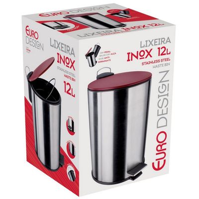 Lixeira Euro Home com Pedal LIX2256 em Inox e PP 12 L Inox e Vermelho