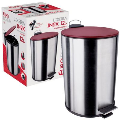 Lixeira Euro Home com Pedal LIX2256 em Inox e PP 12 L Inox e Vermelho
