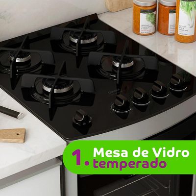 Fogão 4 Bocas CFO4VAR Trempe de Ferro Fundido e Mesa de Vidro Consul Inox / Bivolt