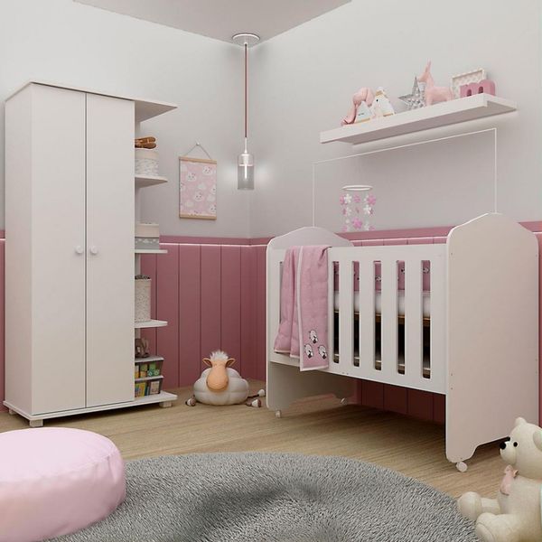 Conjunto Quarto Infantil Gelius com Berço e Guarda-Roupa Lua Branco Acetinado