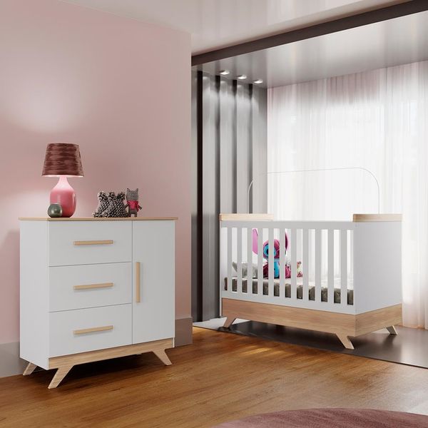 Conjunto Quarto Infantil com Berço e Cômoda Vitória com 1 Porta, 3 Gavetas e 1 Prateleira Canaã Branco com Wengue