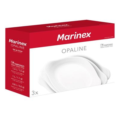 Conjunto de Assadeiras Ovais Marinex Opaline em Vidro Temperado 3 Peças Branco