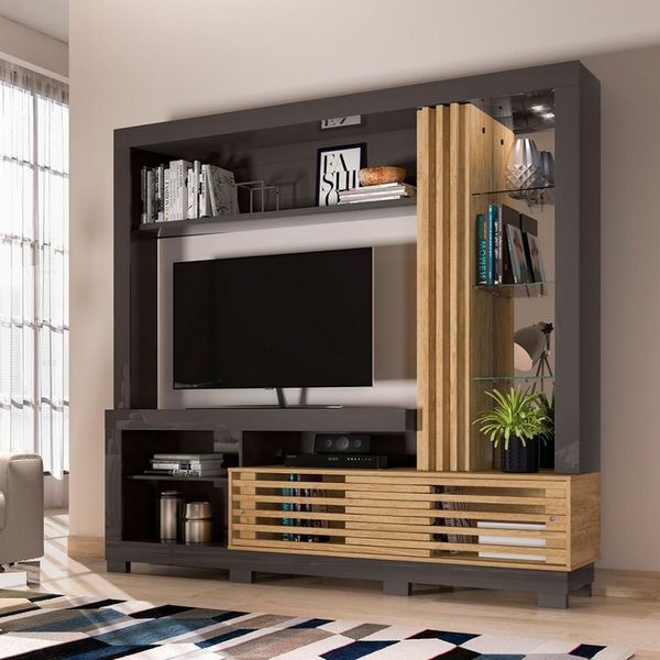 Estante Home Theater Madetec Frizz para Tv até 50 Polegadas Titânio com Carvalho