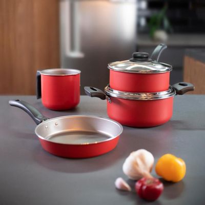 Conjunto de Panelas 4 Peças Brinox Ruby com Revestimento Interno Antiaderente Pro-Flon e Tampas de Vidro com Saída de Vapor Vermelho