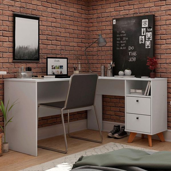 Escrivaninha de Canto Gelius Havana com 2 Gavetas Branco Acetinado Escrivaninha de Canto Gelius Havana com 2 Gavetas Branco Acetinado