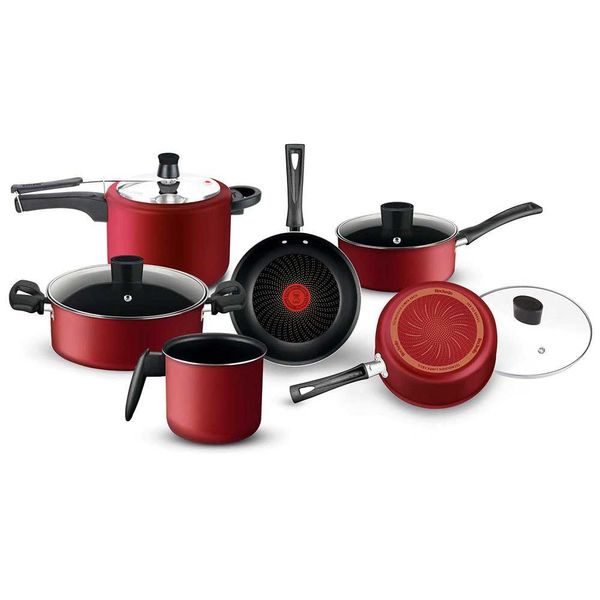 Conjunto de Panelas 6 Peças Rochedo Limpa Fácil com Panela de Pressão Vermelho Conjunto de Panelas 6 Peças Rochedo Limpa Fácil com Panela de Pressão Vermelho