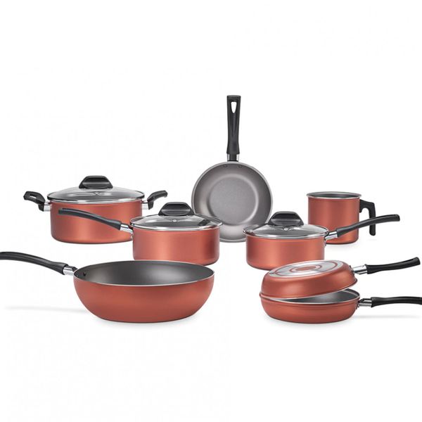 Conjunto de Panelas 7 Peças Brinox Clove em Alumínio com Revestimento Interno Antiaderente Pro-Flon, Cabos de Baquelite, Tampas de Vidro Cobre Conjunto de Panelas 7 Peças Brinox Clove em Alumínio com Revestimento Interno Antiaderente Pro-Flon, Cabos de Baquelite, Tampas de Vidro Cobre