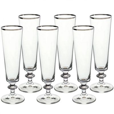 Conjunto de Taças para Champanhe Bohemia Bella Decorada 205 ml em Cristal Ecológico Platinum Rim 6 Peças Transparente