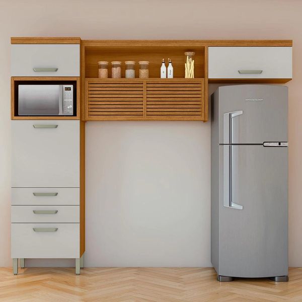 Cozinha Compacta Princesa com 4 Portas 3 Gavetas e 9 Prateleiras 264cm de largura Nesher Freijó com Off White