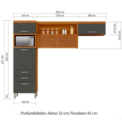 Cozinha Compacta Princesa com 4 Portas 3 Gavetas e 9 Prateleiras 264cm de largura Nesher Freijo e Grafite