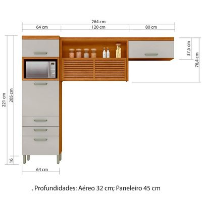 Cozinha Compacta Princesa com 4 Portas 3 Gavetas e 9 Prateleiras 264cm de largura Nesher Freijó com Off White