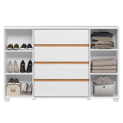 Cômoda Sapateira Grande 4 Gavetas 2 Portas  Evidência Branco Freijó