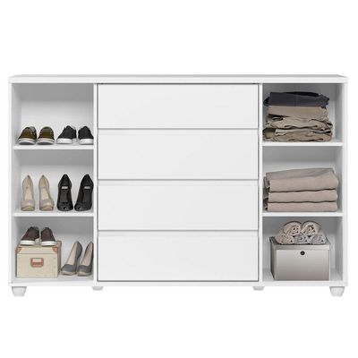 Cômoda Sapateira Grande 4 Gavetas 2 Portas  Evidência Branco Freijó