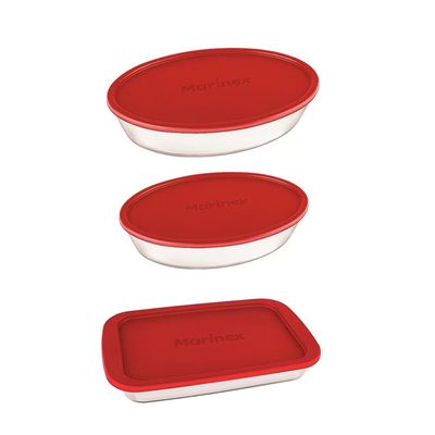Conjunto de Assadeiras Marinex em Vidro com Tampa 6 Peças Vermelho com Transparente