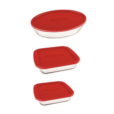 Conjunto de Assadeiras Marinex em Vidro com Tampa 6 Peças Vermelho com Transparente