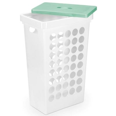 Cesto de Roupas Retangular com Tampa Arthi em Plástico 43 L Branco com Verde